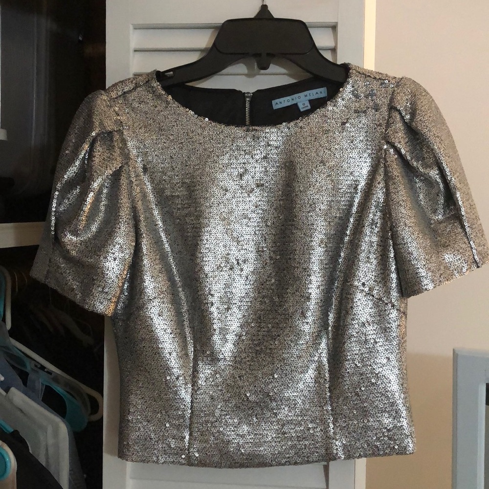 Antonio Melani silver sequin puff sleeve blouse